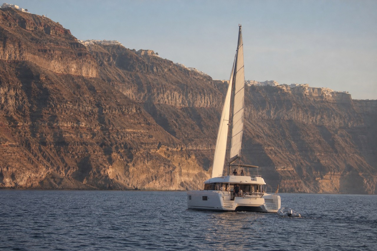 A white sailing catamaran under way on flat evening water below immense layered caldera cliffs, a small dinghy trailing behind it