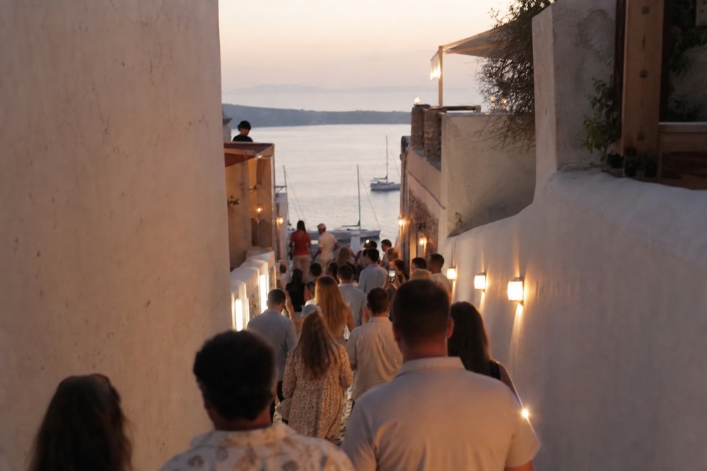 Narrow marble-paved village lane at dusk packed with slow-moving visitors between whitewashed walls, warm lamplight and glowing phone screens above the crowd