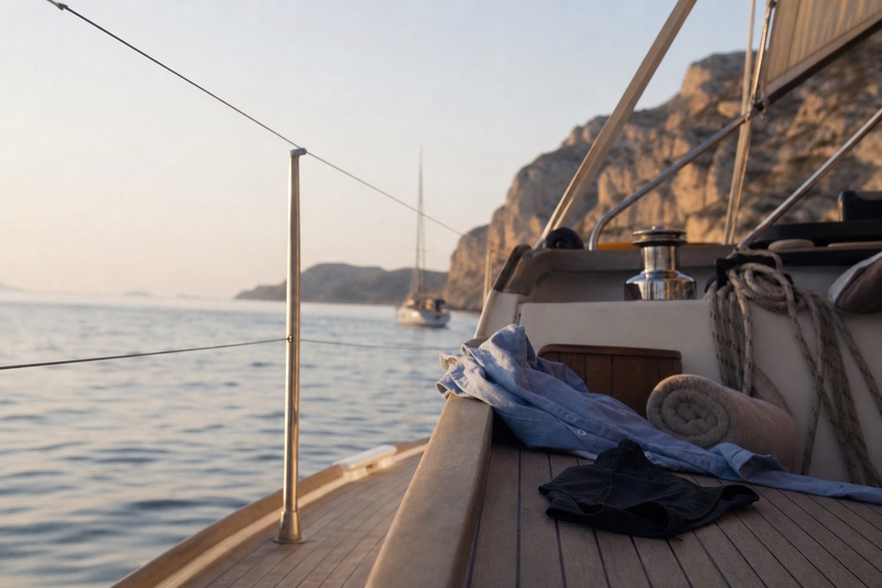 Folded linen shirt and a dark swimsuit on a teak cockpit bench beside a rolled towel, low golden light raking across the varnished deck