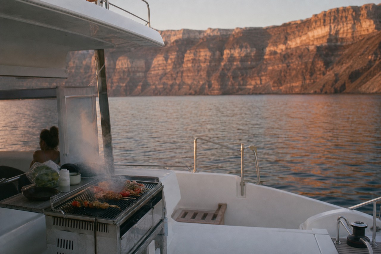 Smoke lifting off a small charcoal grill on a catamaran's aft deck, skewers and vegetables cooking as the open sea turns copper behind the stern