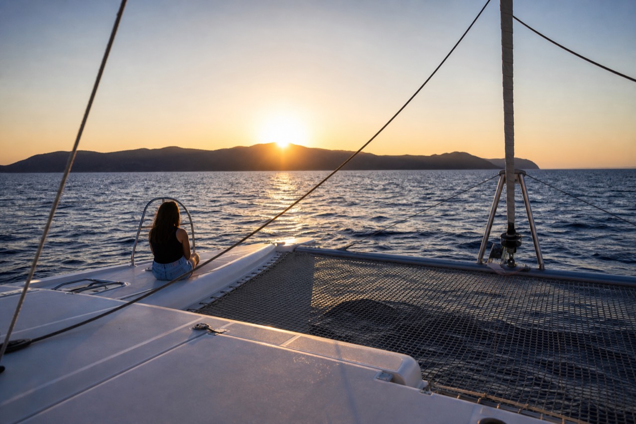 Low sun touching the sea horizon beyond a dark island, seen over the bow netting of a sailing catamaran with warm light spilling across the deck