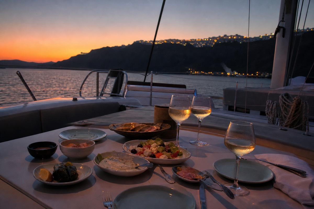 Set dinner table on a catamaran deck at dusk, mezedes plates and wine glasses catching the last orange light over the caldera