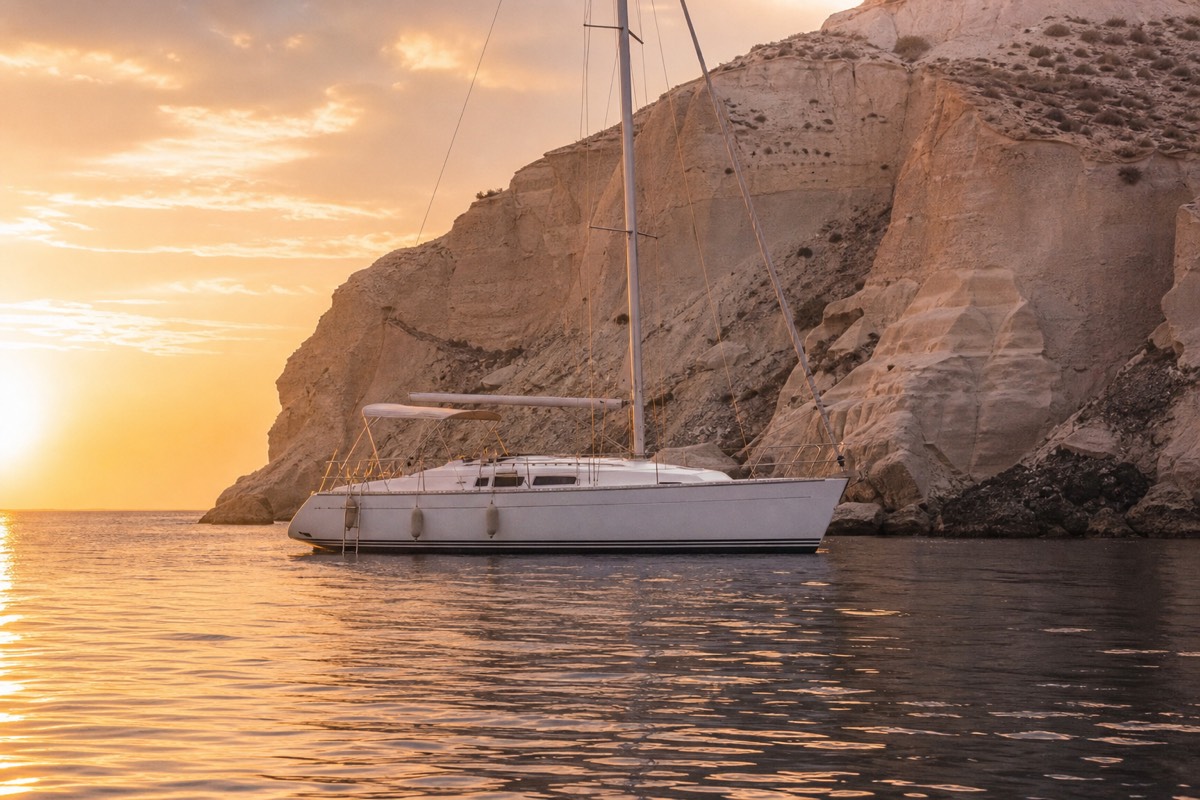 Sailing yacht alone at anchor in a quiet caldera cove at sunset, empty deck cushions and a ladder down to still water