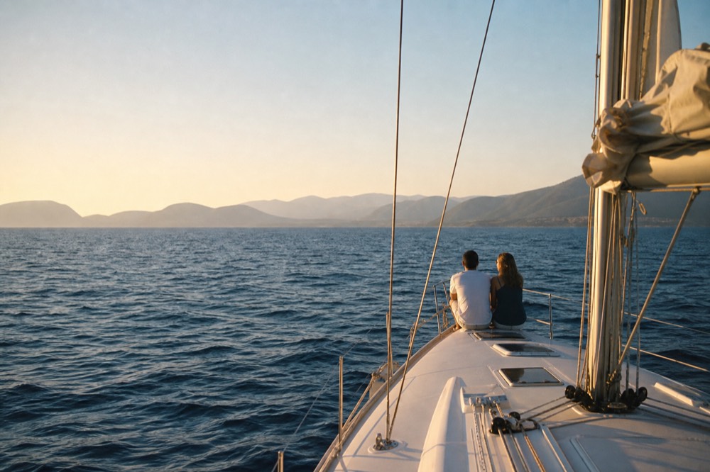 Two figures alone on a yacht foredeck watching the last light, seen from behind at distance, sea and sky stacked in wide bands of colour