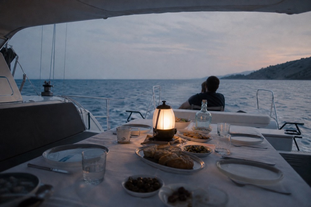 A dinner table laid on a yacht's aft deck at dusk, white linen, olives and bread lit by a small lantern, dark sea beyond the transom