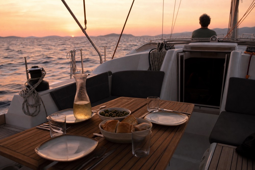 Four place settings on a folding teak table in a yacht cockpit, olives, bread and a sweating carafe of white wine in low orange light
